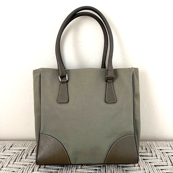PRADA Olive Logo Canvas and Leather Tote Bag - Picture 3 of 13